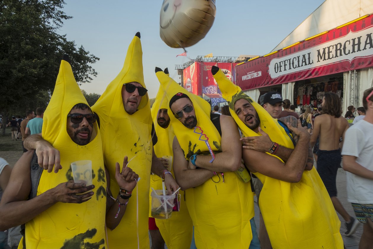 Die Fotos zum Festival-Tagebuch: Über eine Woche lang entsteht auf der Budapester Donauinsel eine eigene Welt. – Bananenmänner.